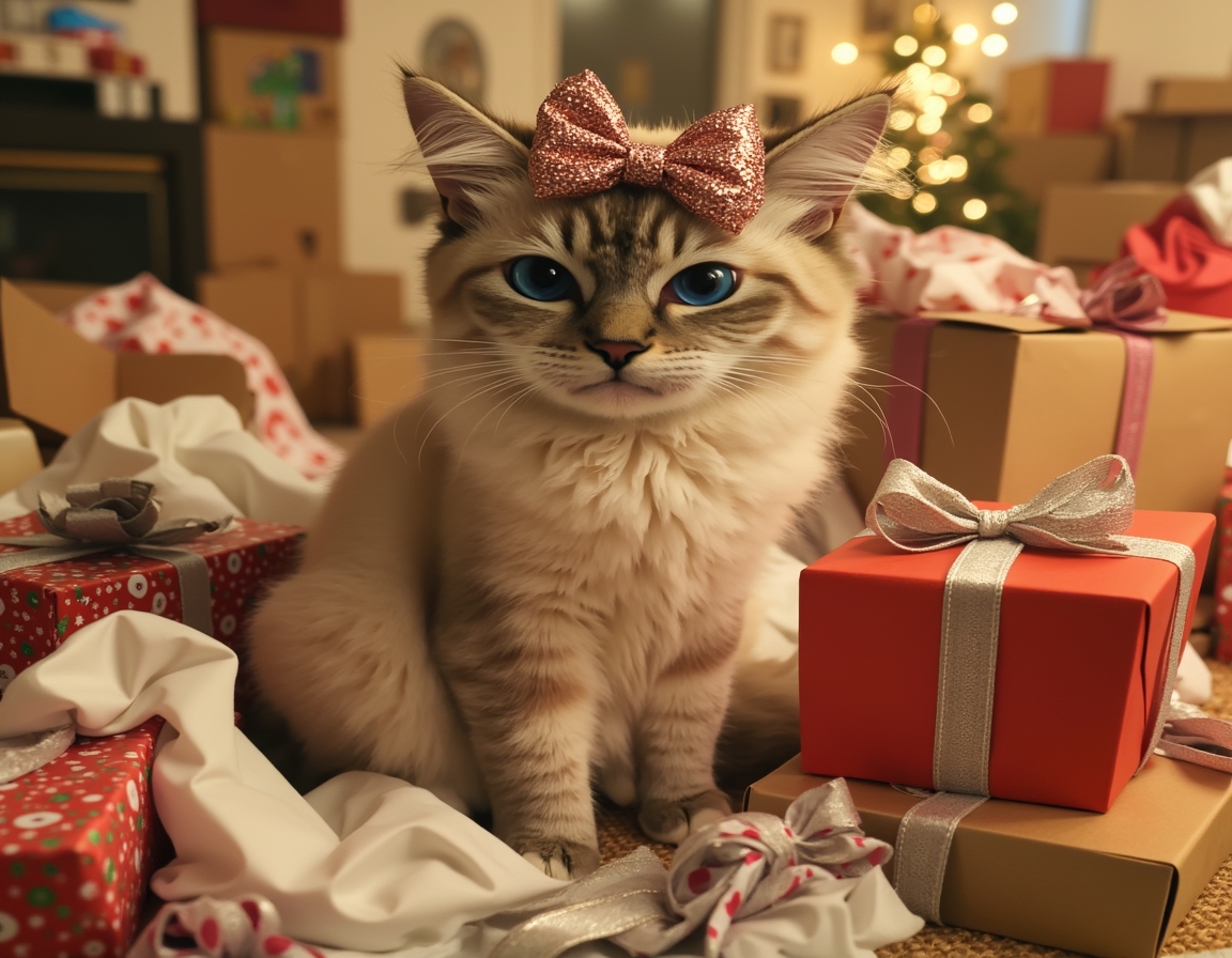 Playful cat surrounded by crumpled wrapping paper, ribbons, and empty boxes, with a shiny bow on its head. Christmas decorations and half-wrapped presents complete the festive scene.